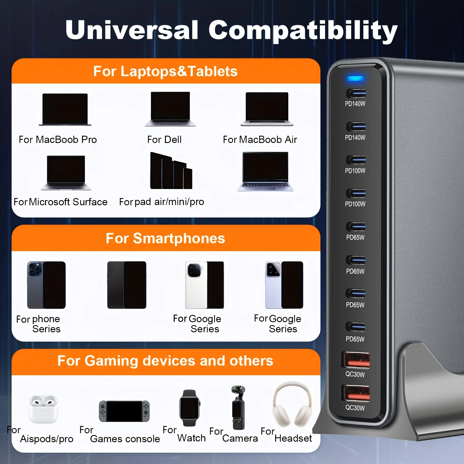 Estación de carga de escritorio GaN de 800W, 10 puertos, 2 USB-A y 8 tipo C PD, concentrador de carga rápida de 140W para teléfonos móviles, iphone, iPad, etc. - imagen 2