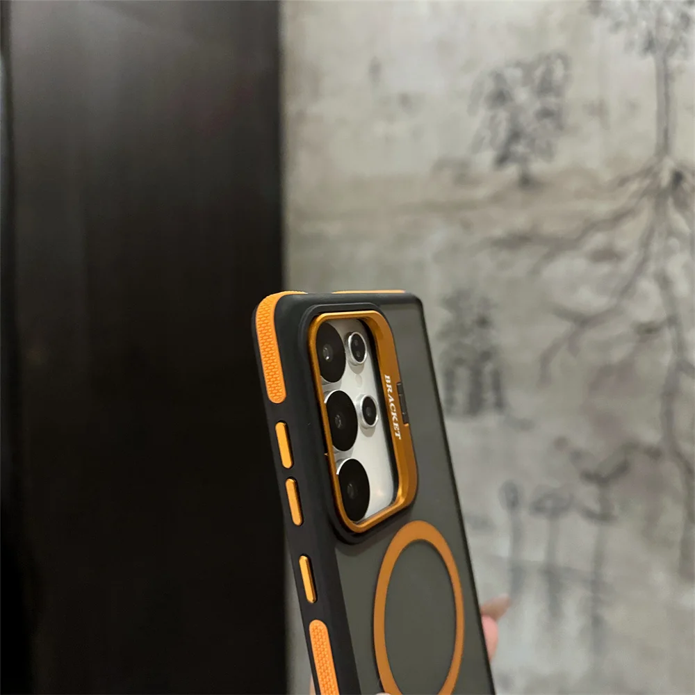 Para Magsafe armadura antideslizante soporte de lente funda de teléfono para Samsung S25 S24 FE S23 Plus S22 Ultra carga inalámbrica cubierta transparente negra - imagen 5