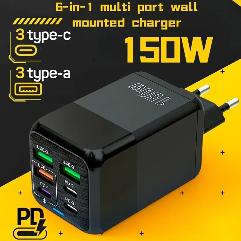 Estación de carga rápida Pd QC Usb C de 150W y 6 puertos para teléfonos móviles, adaptador de cargador de pared, carga súper rápida para Iphone, Ipad, Xiaomi, etc. - imagen 2