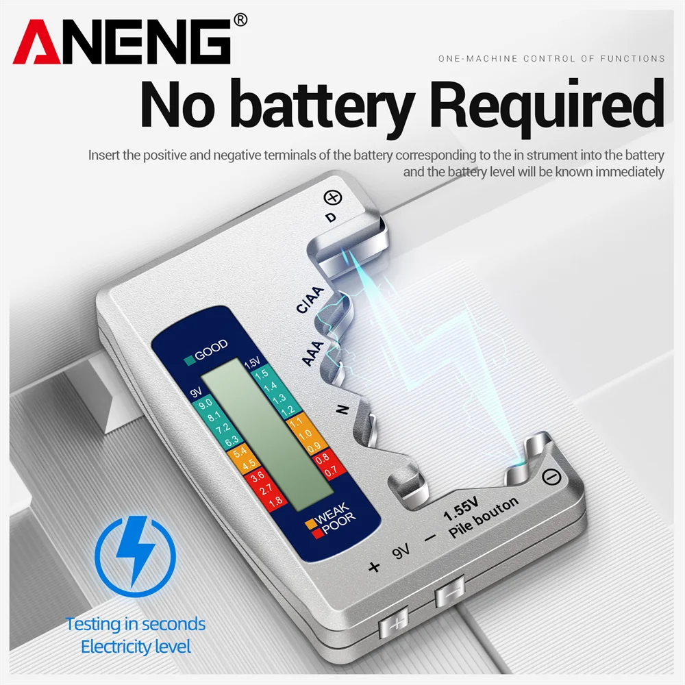 ANENG-probadores de pilas de botón con pantalla LCD C AA AAA D N 9V 1,55 V, Detector de capacidad de voltios Universal, herramientas de capacitancia