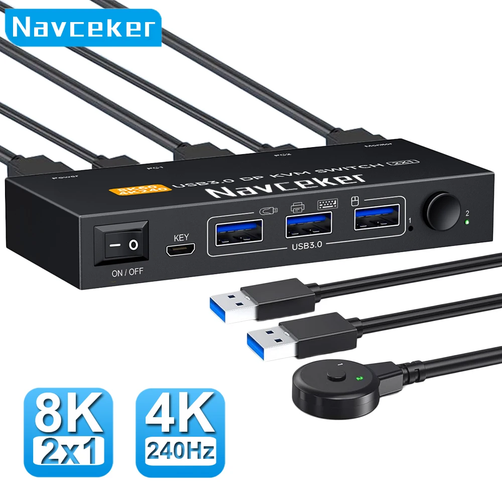 Navceker 4K 240Hz DP 2.1 KVM Switch 2 PC 8K USB 3.0 Displayport KVM Switch 2 en 1 salida Pantalla 1 Monitor 2 Computadora - imagen 2
