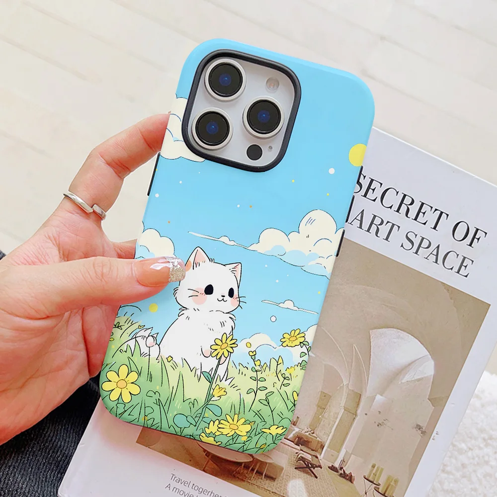 Funda de teléfono con bonitos dibujos de gatos y flores para iPhone 16, 15, 14, 13, 12, 11 Pro Max Plus, funda trasera magnética de lujo de doble capa - imagen 2