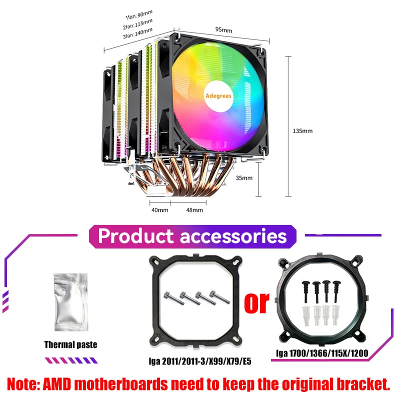 X99 RGB CPU Cooler 4PIN PWM 6 heatpipes PC radiador para Intel LGA 1150 1151 1155 1200 1700 2011 X79 X99 AM3 AM4 AM5 Ventilador - imagen 3