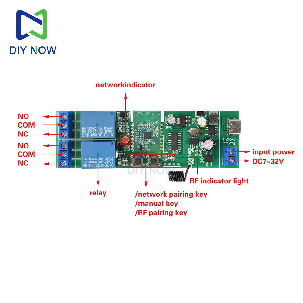 Módulo de interruptor de relé WIFI Bluetooth de 2 vías versión RF módulo autoblocante de avance lento 433MHZ Control remoto RF AC/DC 7-32V/tipo C 5V - imagen 5
