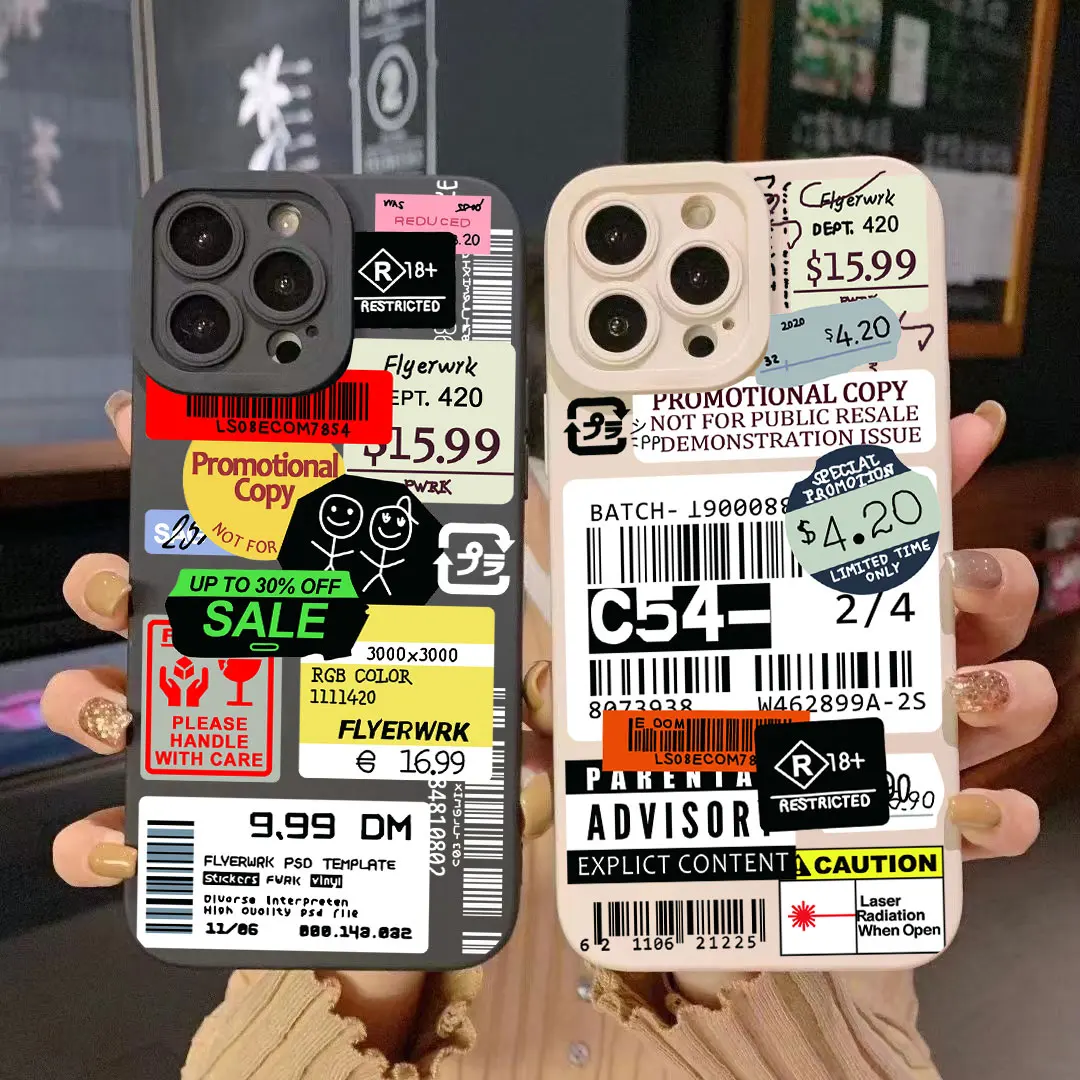 Funda de teléfono de pantalla completa con código de barras y etiqueta de sello de tendencia para iPhone 16 15 14 13 12 11 X XR Xs 8 7 Plus Pro Max, funda trasera de silicona