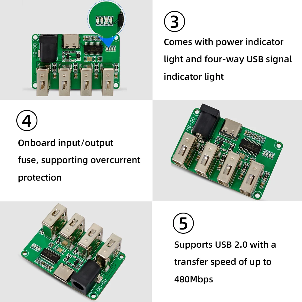 DC5V tipo C 1 a 4 puertos PH2.0 interfaz versión uno a cuatro USB 2,0 HUB módulo sin unidad USB divisor velocidad de transmisión 480Mbps - imagen 4