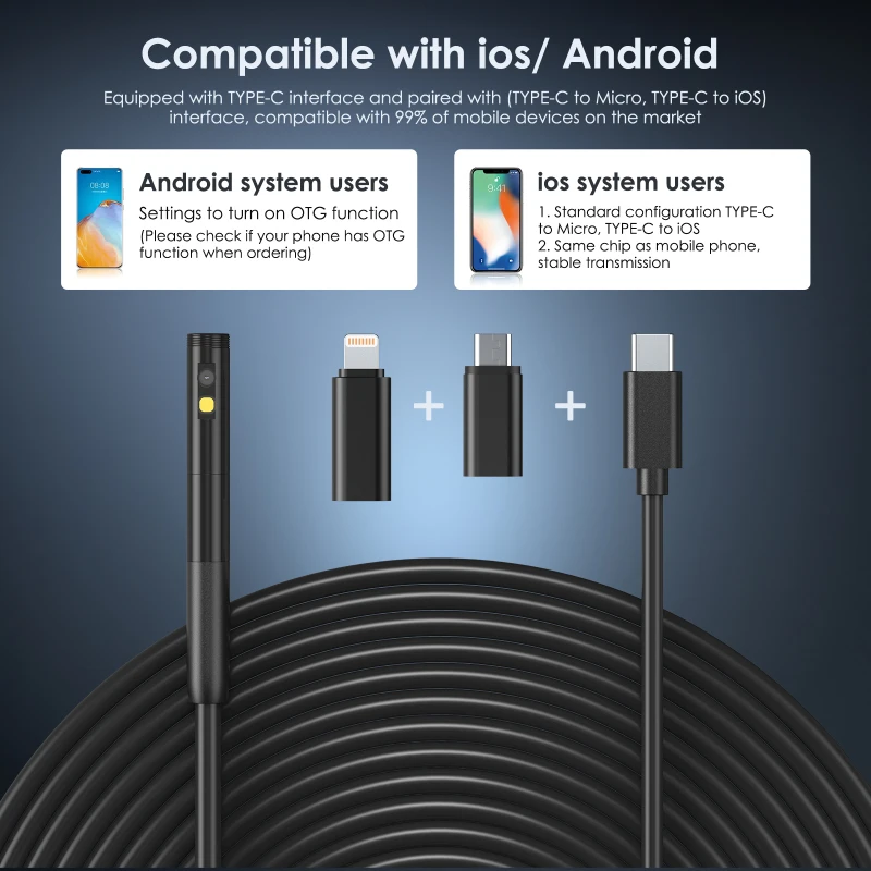 Cámara endoscópica 1920x1440 con luz LED, cámara de inspección impermeable IP67 a Micro, Cable de serpiente de 300cm/118 pulgadas, con 2 luces LED, TYPE-C - imagen 5