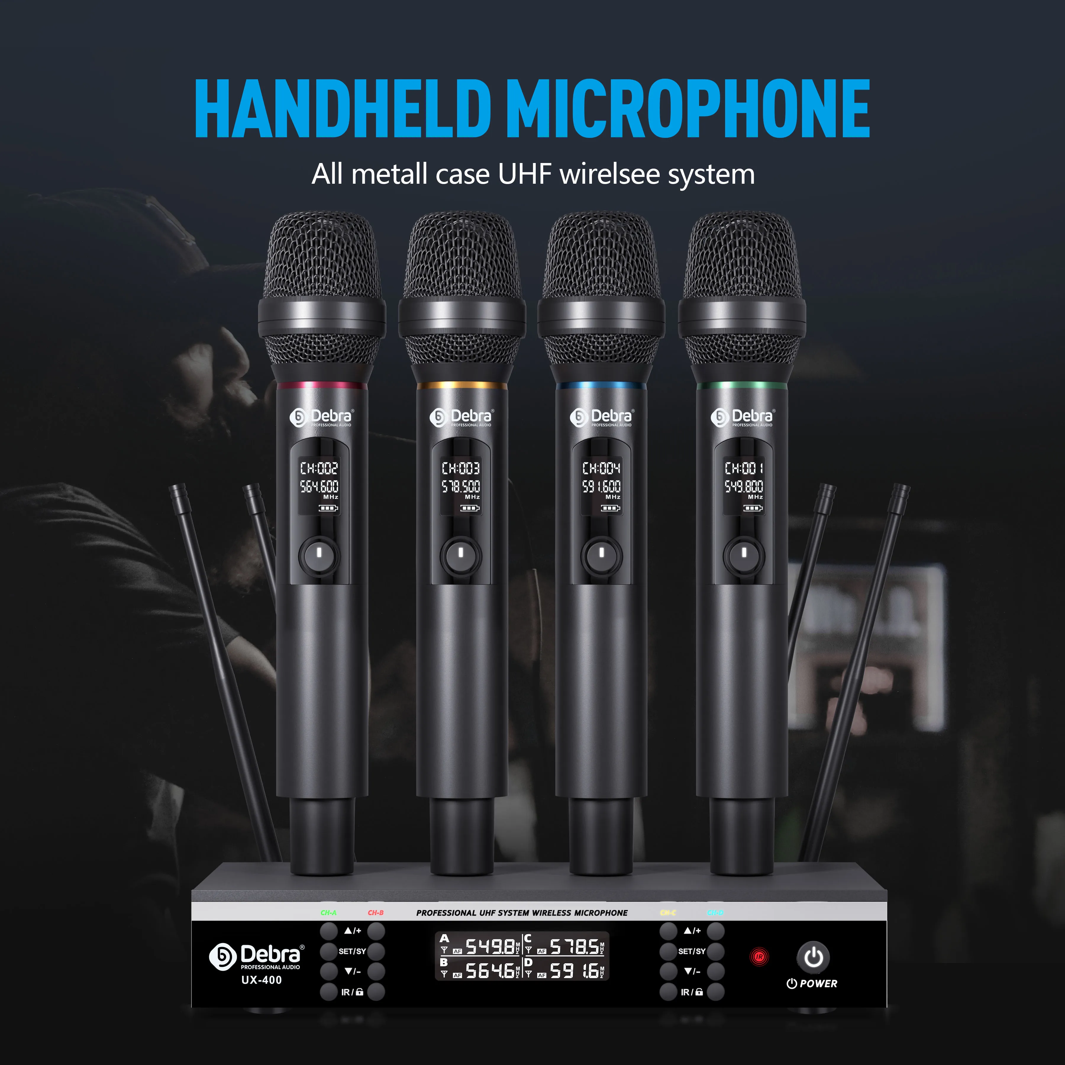 Debra 500-600MHz Micrófono de mano inalámbrico UHF de 4 canales UX-400 Sincronización de frecuencia infrarroja y búsqueda automática de frecuencia - imagen 2