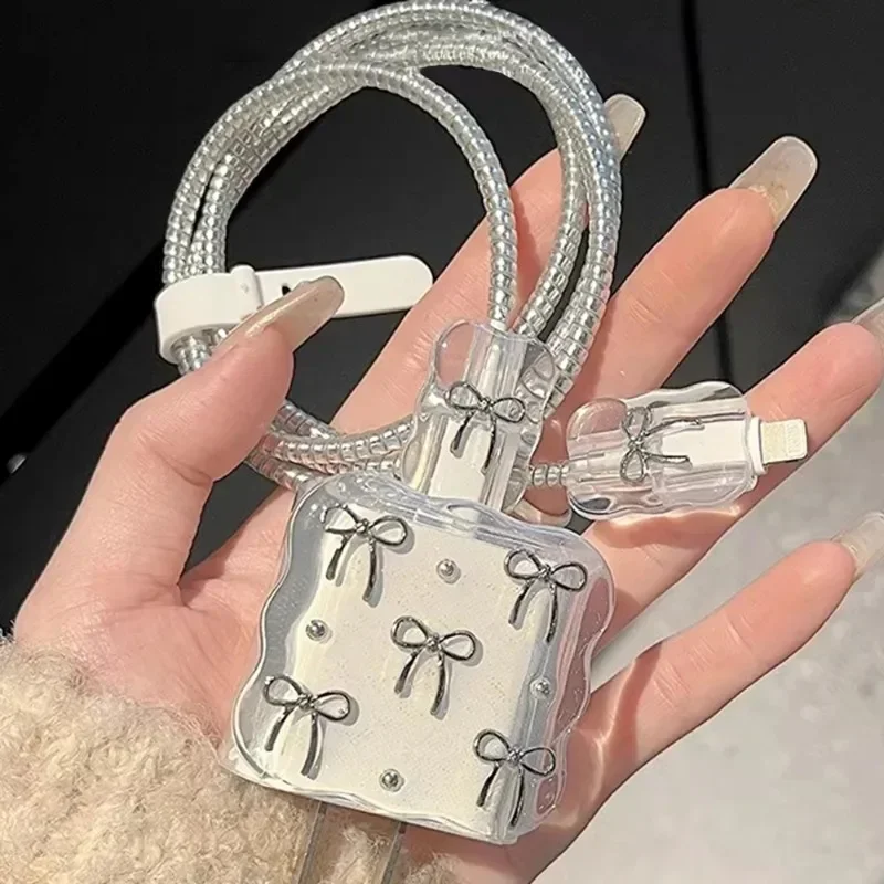 Funda protectora Kawaii con lazo brillante y transparente para Apple iPhone 18/20W, enrollador de Cable láser suave, protectores de cables - imagen 2