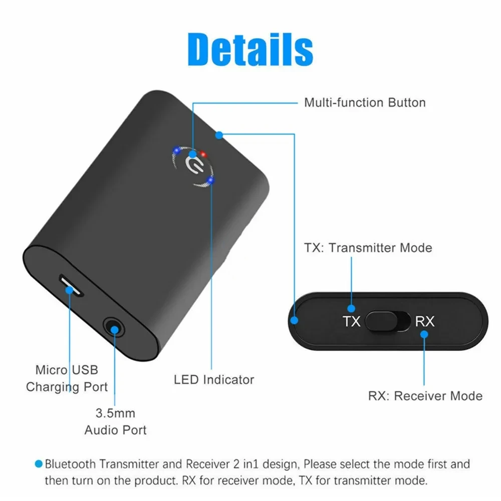 Adaptador de Audio inalámbrico compatible con Bluetooth 5,0, transmisor y receptor, 2 en 1, A2DP, adaptador auxiliar de 3,5mm para PC, TV, auriculares y coche - imagen 4