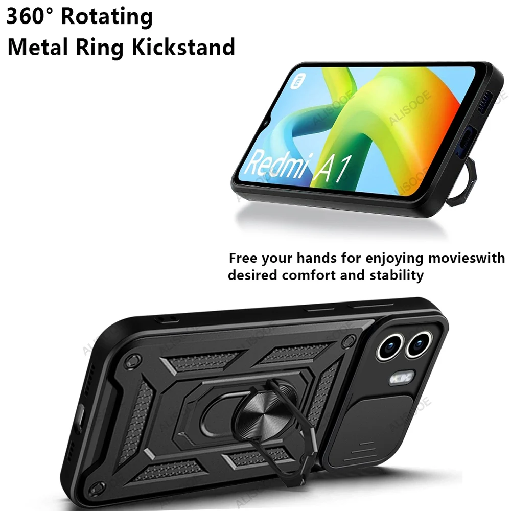 Funda con soporte de armadura para Xiaomi Redmi A1 4G A2, Fundas para Redmi A2 A1 Plus, lente de cámara deslizante, anillo protector, soporte para teléfono - imagen 5