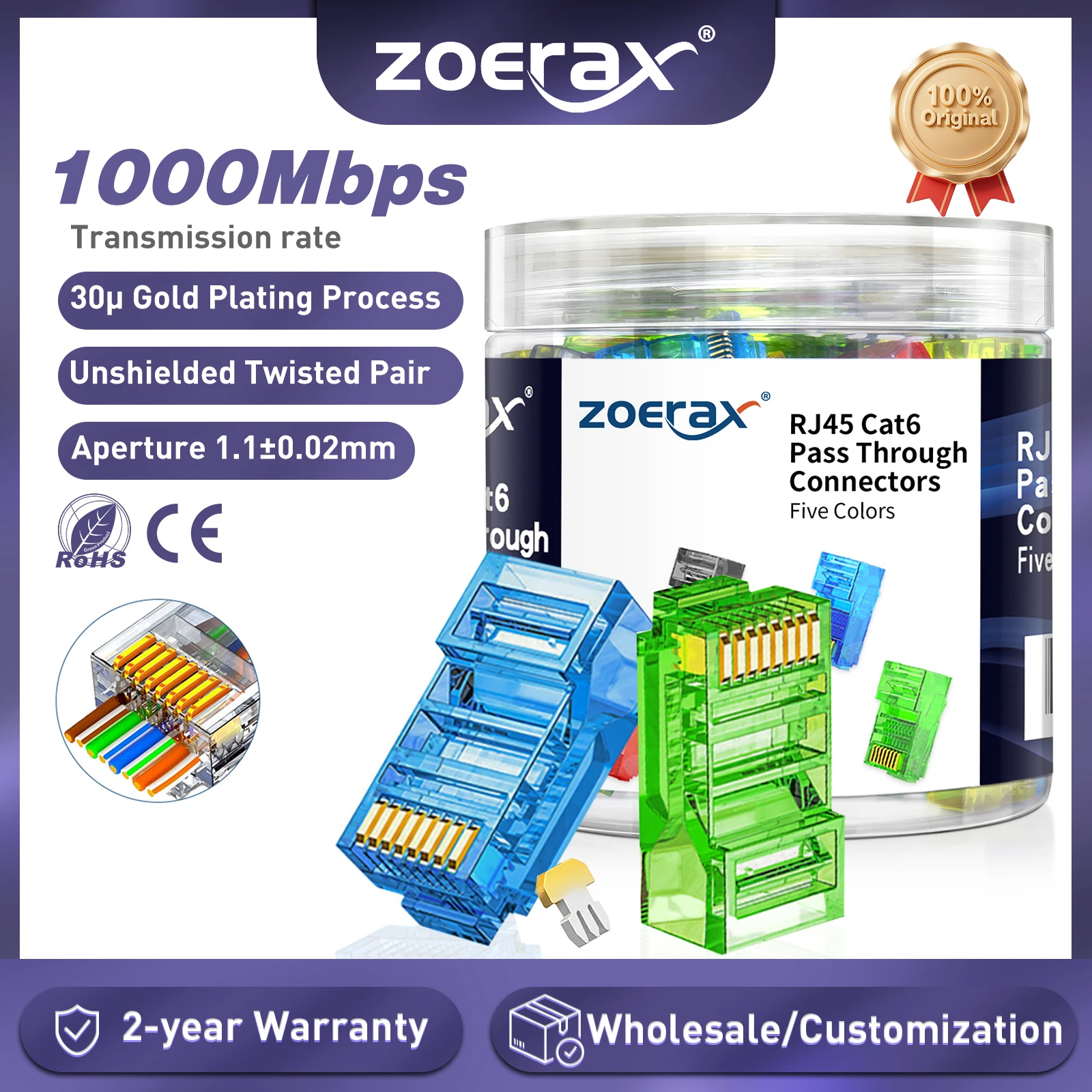 ZoeRax Paquete de 100 conectores de paso RJ45 Cat6, colores surtidos, enchufes modulares RJ45 para cable de red UTP sólido o trenzado