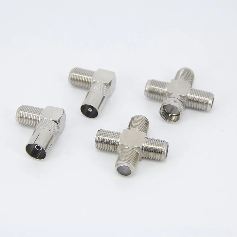 RF F macho hembra a 2 TV de 3 vías macho hembra Cable de enchufe en ángulo recto conector divisor T enchufe hembra de TV Coaxial - imagen 4