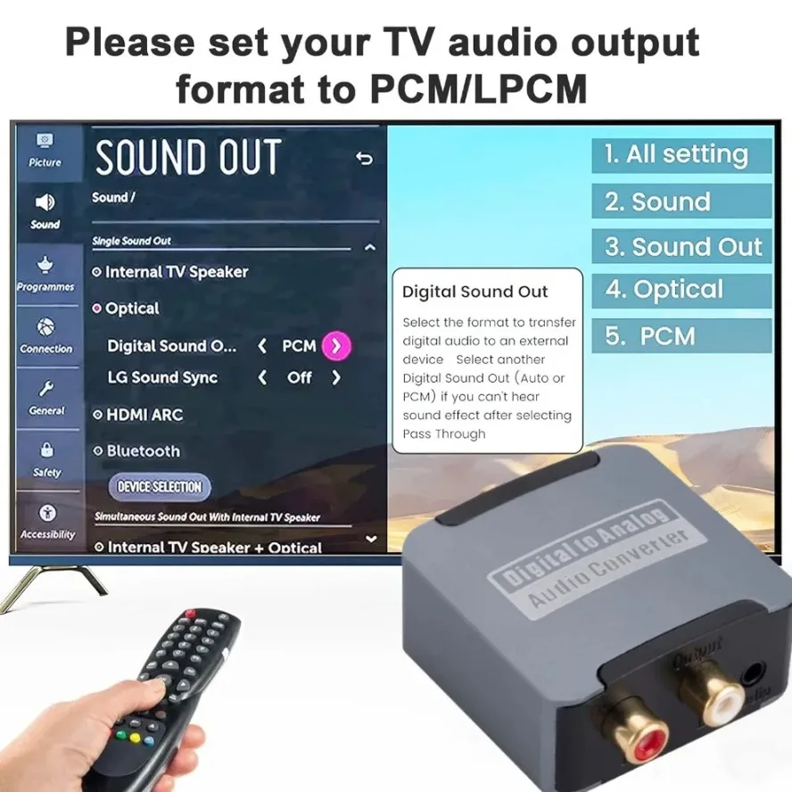 Convertidor de Audio Digital a analógico DAC, decodificador amplificador óptico SPDIF/Coaxial a RCA L/R con Cable de fibra óptica Digital a analógico - imagen 5