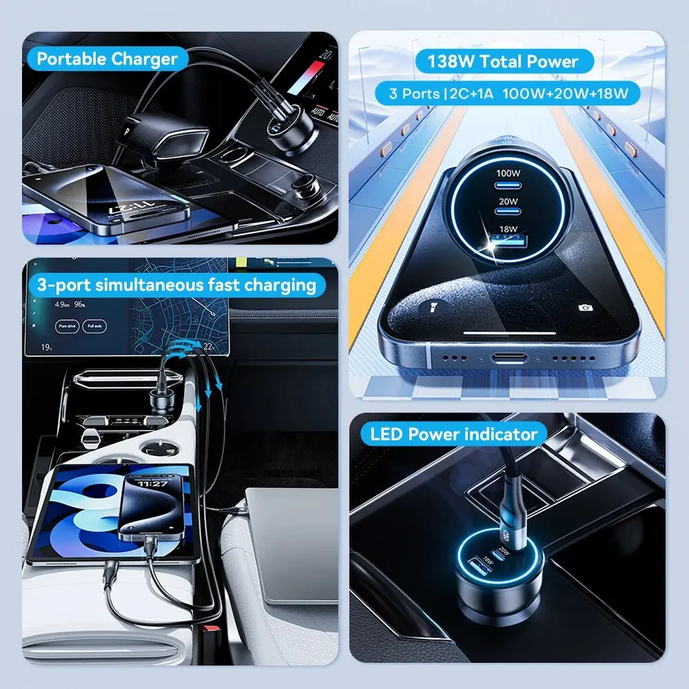 Cargador de coche ASOMETECH 138W USB tipo C cargador GaN 100W 65W 45W 20W PPS PD QC3.0 cargador rápido para ordenador portátil iPhone 15 Samsung S23 - imagen 2