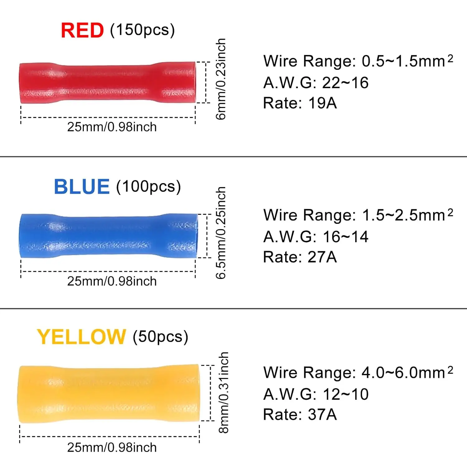 300 Uds. Conectores de engarzado de empalme a tope conectores de terminales de cable recto eléctricos aislados 10-22AWG Termina de empalme a tope surtido