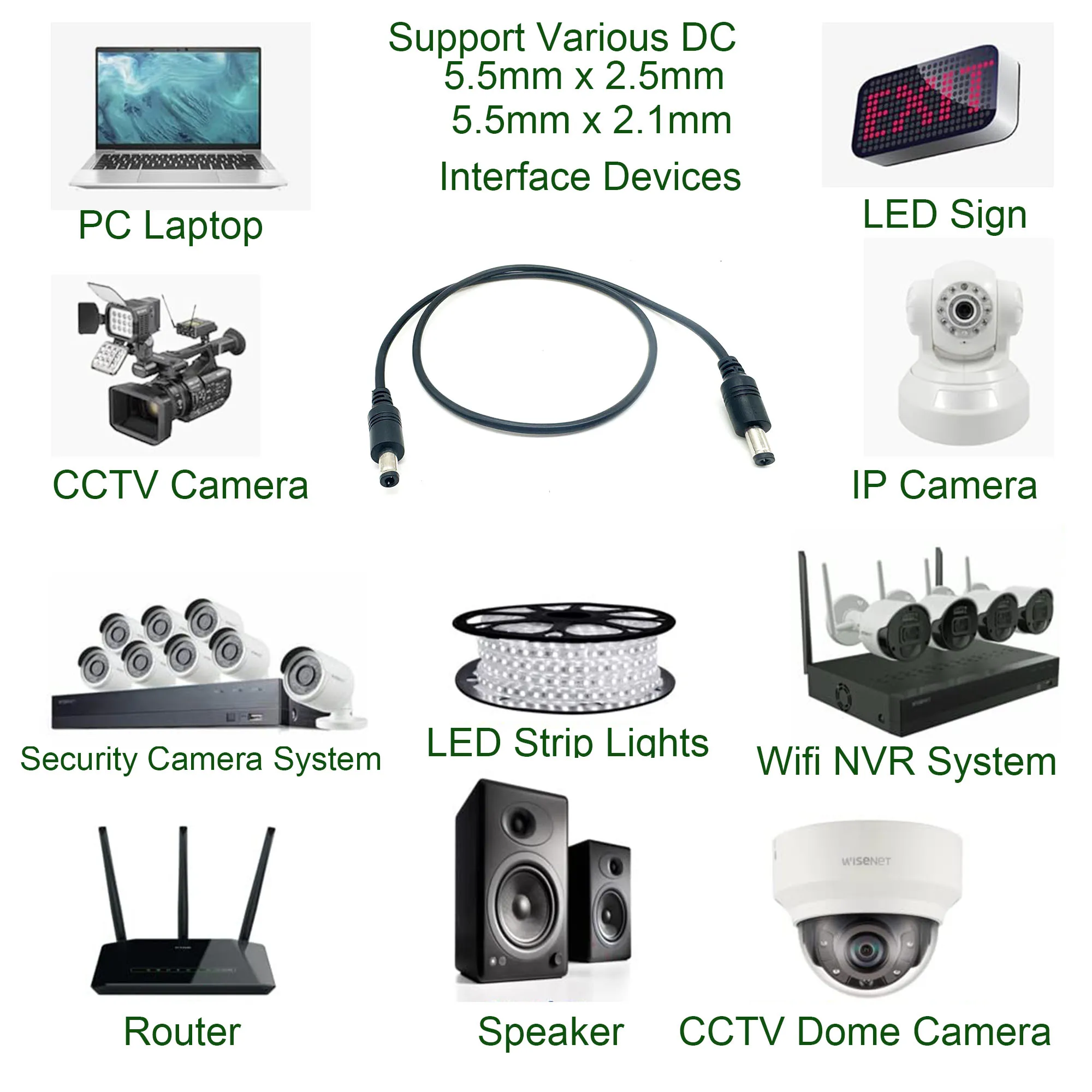 Alimentación CC 5,5mm x 2,5mm macho a conector macho de 2,1mm Cable 18AWG tira de LED cámara de vigilancia cámara de seguridad CCTV DVR - imagen 5