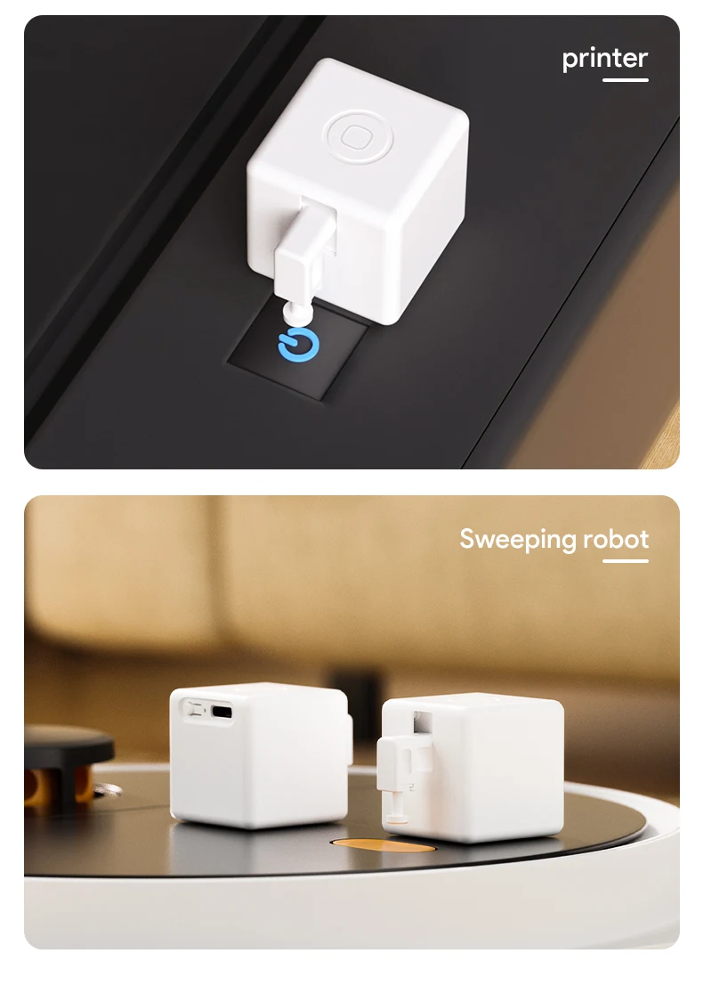 Una impresora y un robot barrido se muestran en una imagen dividida