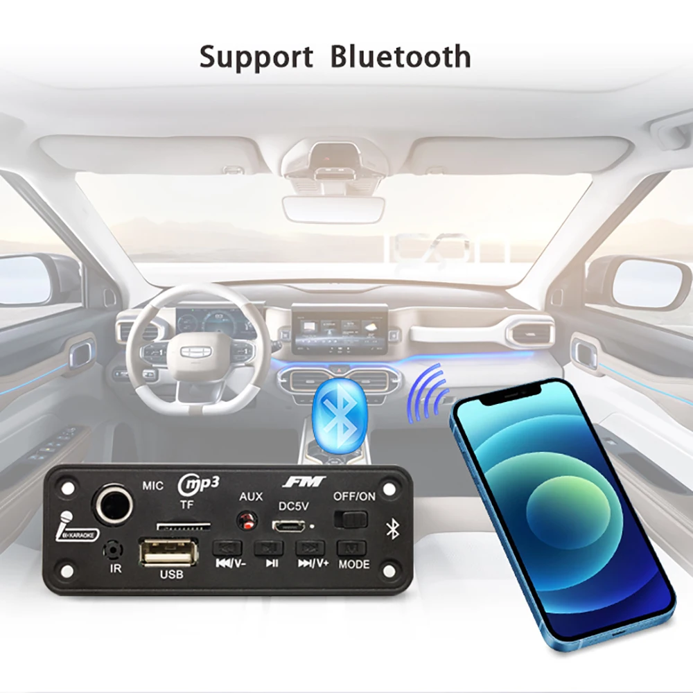 Placa decodificadora de MP3 con Bluetooth, amplificador de 6W, reproductor de música manos libres, módulo de Radio FM para coche, TF, USB, micrófono de 3,5mm, CC de 5V - imagen 4