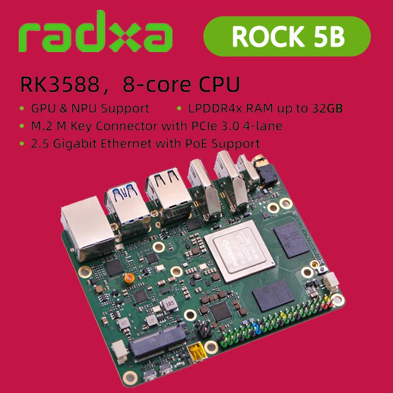 Radxa ROCK 5B RK3588 CPU SBC de 8 núcleos, HDMI con salida 8K, conector de tecla M.2 M con PCIe 3.0, computadora de placa única de 4/8/16/32 GB