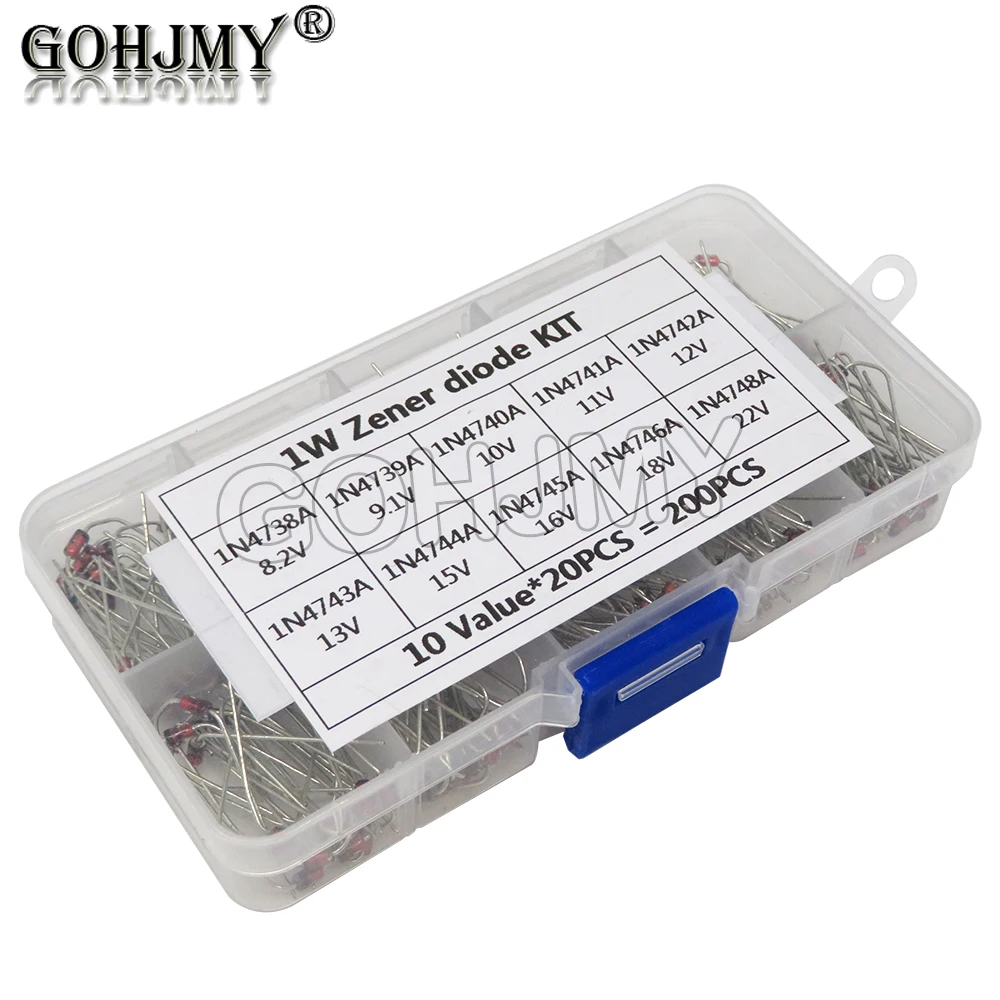 Kit de diodos Zener de 10 valores x 20 piezas, conjunto electrónico de bricolaje, 8,2 V, 9,1 V, 10V, 11V, 12V, 13V, 15V, 16V, 18V, 22V