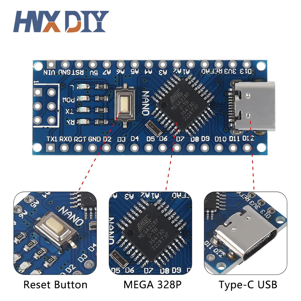 4 Uds Mini/tipo-c/Micro USB Nano 3,0 Atmega328P controlador Compatible placa para arduino CH340 controlador USB 16Mhz ATMEGA328P - imagen 4