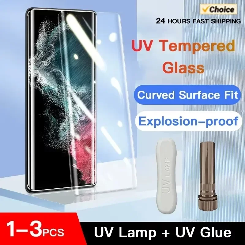 Película de vidrio templado UV para Samsung Galaxy S24 S23 S22 S21 S20 Ultra Plus, Protector de pantalla totalmente curvo para S24Ultra - imagen 2