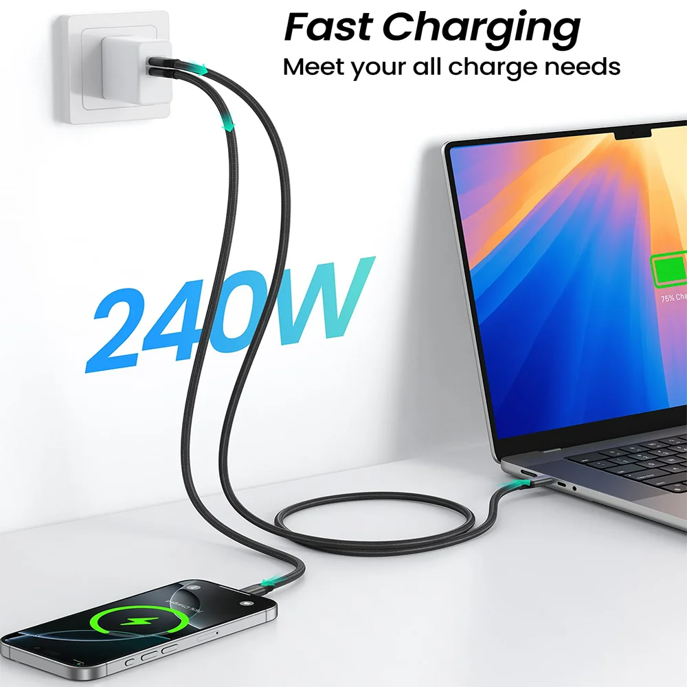 Cable de datos USB C a C de 80Gbps Compatible con Thunderbolt5/4/3 16K 8K @ 60Hz Pantalla PD3.1 Cable cargador de 240W para ordenadores portátiles Teléfono SSD - imagen 5