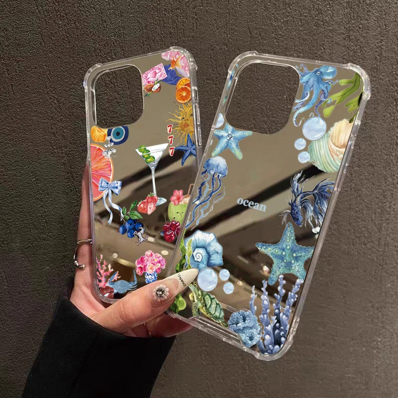 Funda con diseño de sol y cóctel de frutas de verano para iPhone 16 15 14 13 12 11 Pro Max XS X XR 7 8 Plus SE, funda a prueba de golpes con espejo de maquillaje