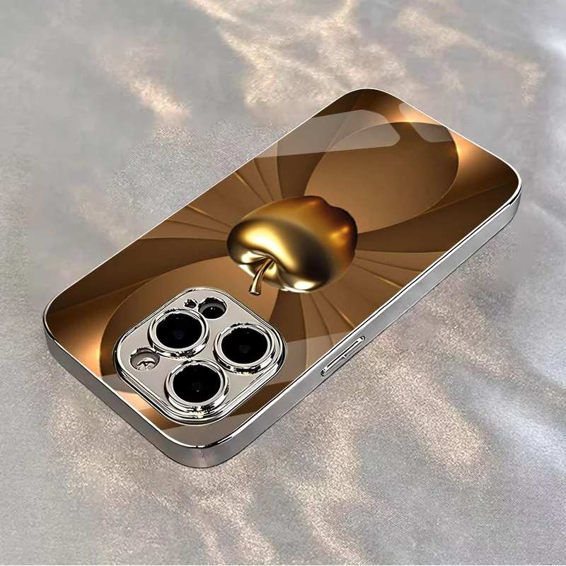 Funda iPhone para X/XS /XS MAX/XR / 11/12/13/14/15/16/17 Pro MAX Chapado en plata Diseño de vidrio templado "Mela dorada" - imagen 3