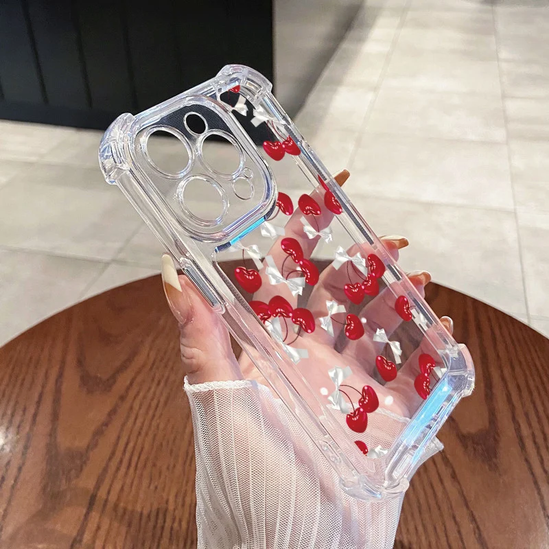 Funda de teléfono transparente con bonito lazo de cereza para iPhone 16 15 14 13 12 11 Pro Max 7 8 16 15 Plus X XR XS Max, funda suave transparente de silicona - imagen 3