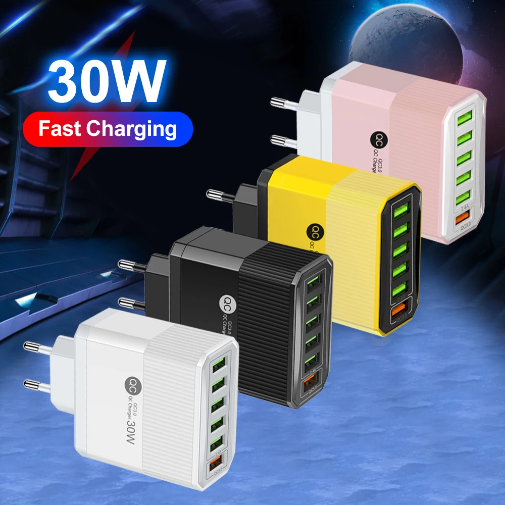 Cargador USB de carga rápida para teléfono, adaptador de viaje QC3.0 de 30W, 6 puertos, para iPhone, Xiaomi, Samsung, enchufe EU/KR