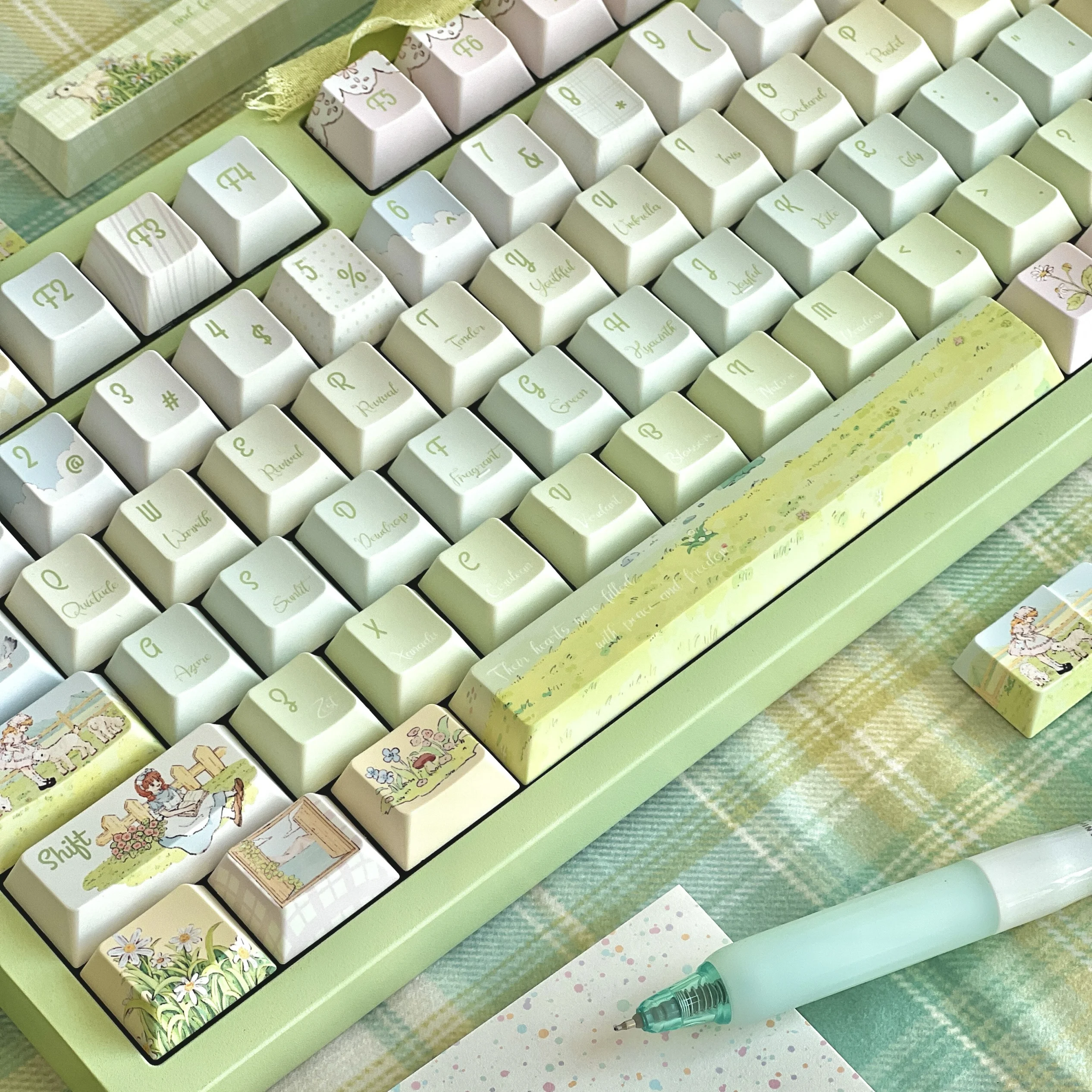 Teclas de campo de primavera de cuento de hadas, perfil de cereza, sublimación PBT, estilo rústico verde claro, teclas personalizadas para teclado mecánico - imagen 5