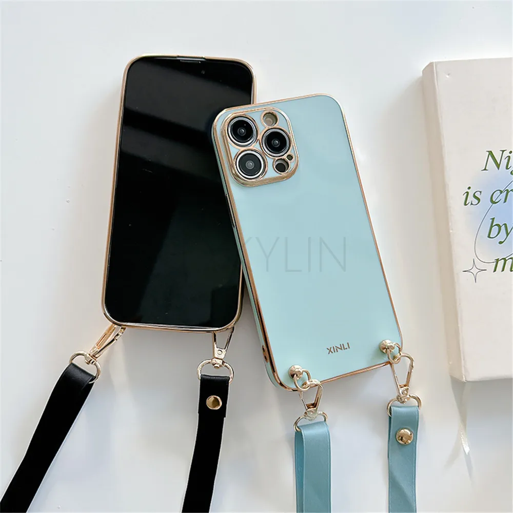 Funda de teléfono con correa de cordón y collar cruzado galvanizado para Samsung A23 A13 A33 A53 A73 A52 A72 A52S 5G A14 A04 A54 - imagen 4