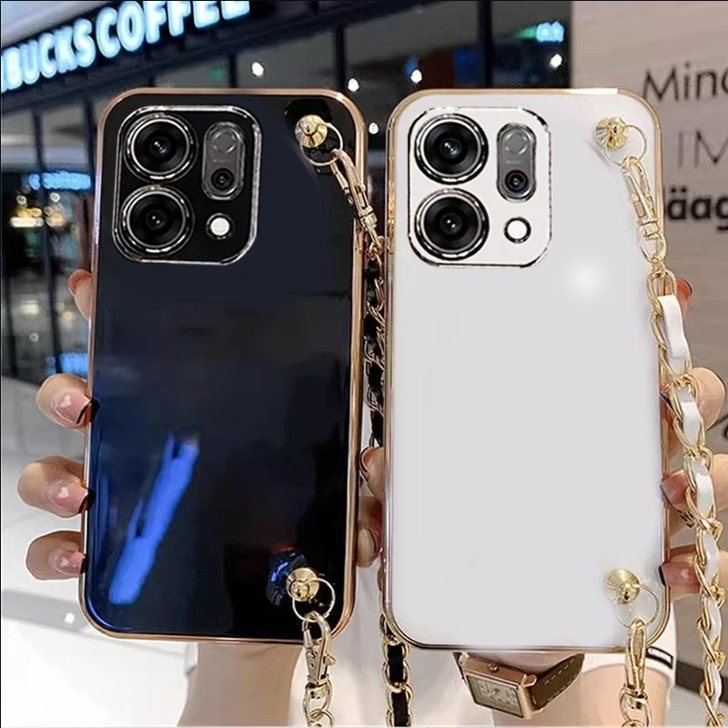 Para OPPO Find X9 Pro chapado bandolera cordón collar cadena funda para FindX9Pro lente protectora cubierta de silicona de cuero metálico