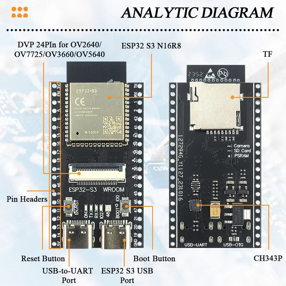 Placa de desarrollo de cámara ESP32 S3 N16R8, módulo de cámara 2,4G Wifi BT para OV2640 OV5640 8MB PSRAM 16MB FLASH ESP32-S3 WROOM N16R8 - imagen 2