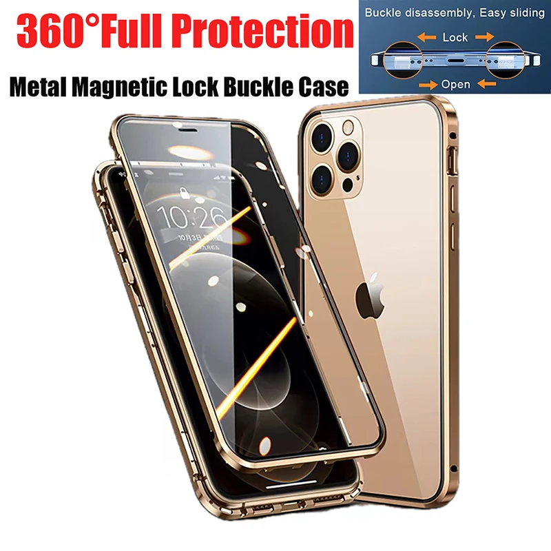 360 ° Funda de teléfono con cierre magnético de Metal de protección completa para iPhone 16 Pro Max 14 13 12 15 Pro Max, funda de parachoques de vidrio de doble cara