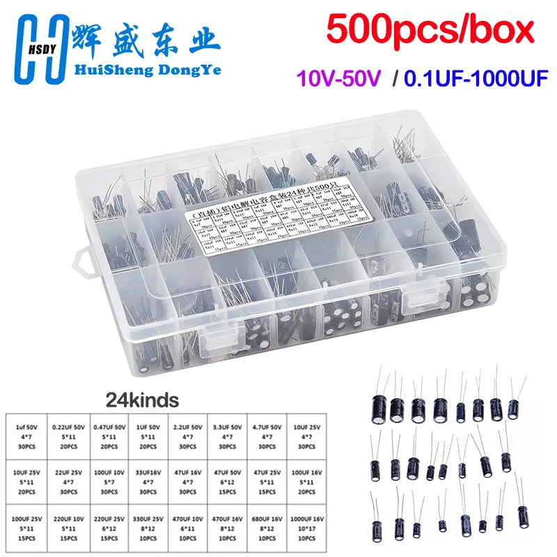 500 unids/lote 0,1 UF-1000UF 24 valores condensadores electrolíticos de aluminio 10-50 V mezcla de condensadores electrolíticos kit surtido y caja de almacenamiento
