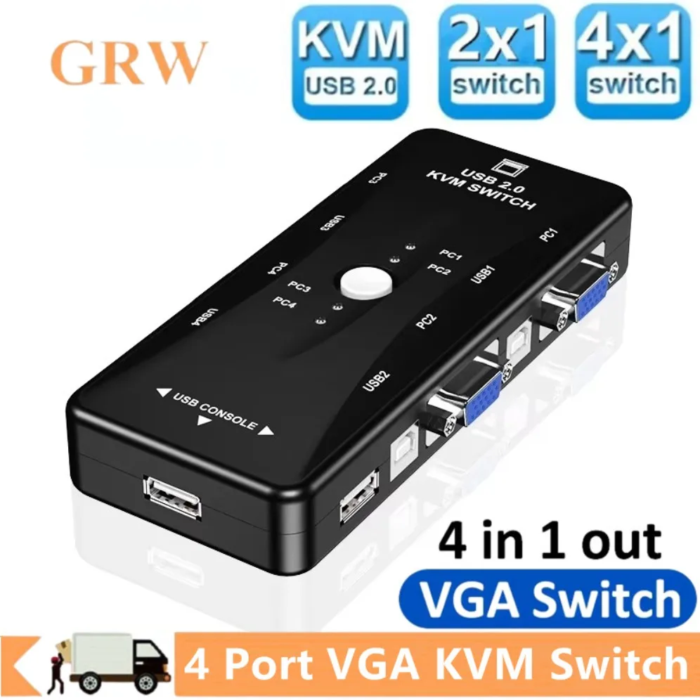 Conmutador KVM de 4 puertos, 4 en 1, salida USB, VGA, KVM, para impresora, ratón, teclado, Pendrive, 1080P, conmutador compartido, 2x1/4x1