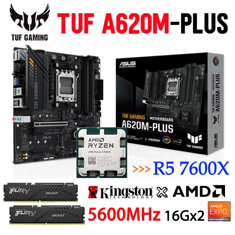 ASUS-placa base de A620M-PLUS para juegos, dispositivo AMD A620 TUF con AMD Ryzen 5 7600X, Kit de CPU + memoria Kingston DDR5, 5600MHz, 32GB, novedad