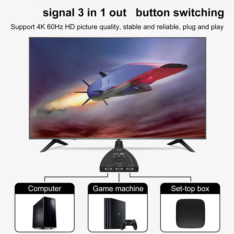 Conmutador HDMI 3 Puertos 4K 60Hz Mini Switch PS4 Xbox HDTV