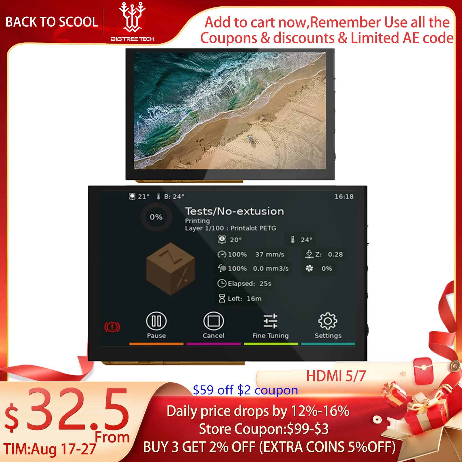 BIGTREETECH HDMI7 V1.2 HDMI5 HDMI pantalla táctil 5/7 pulgadas IPS pantalla piezas de impresora 3D para Raspberry Pi 4 Manta M8P placa