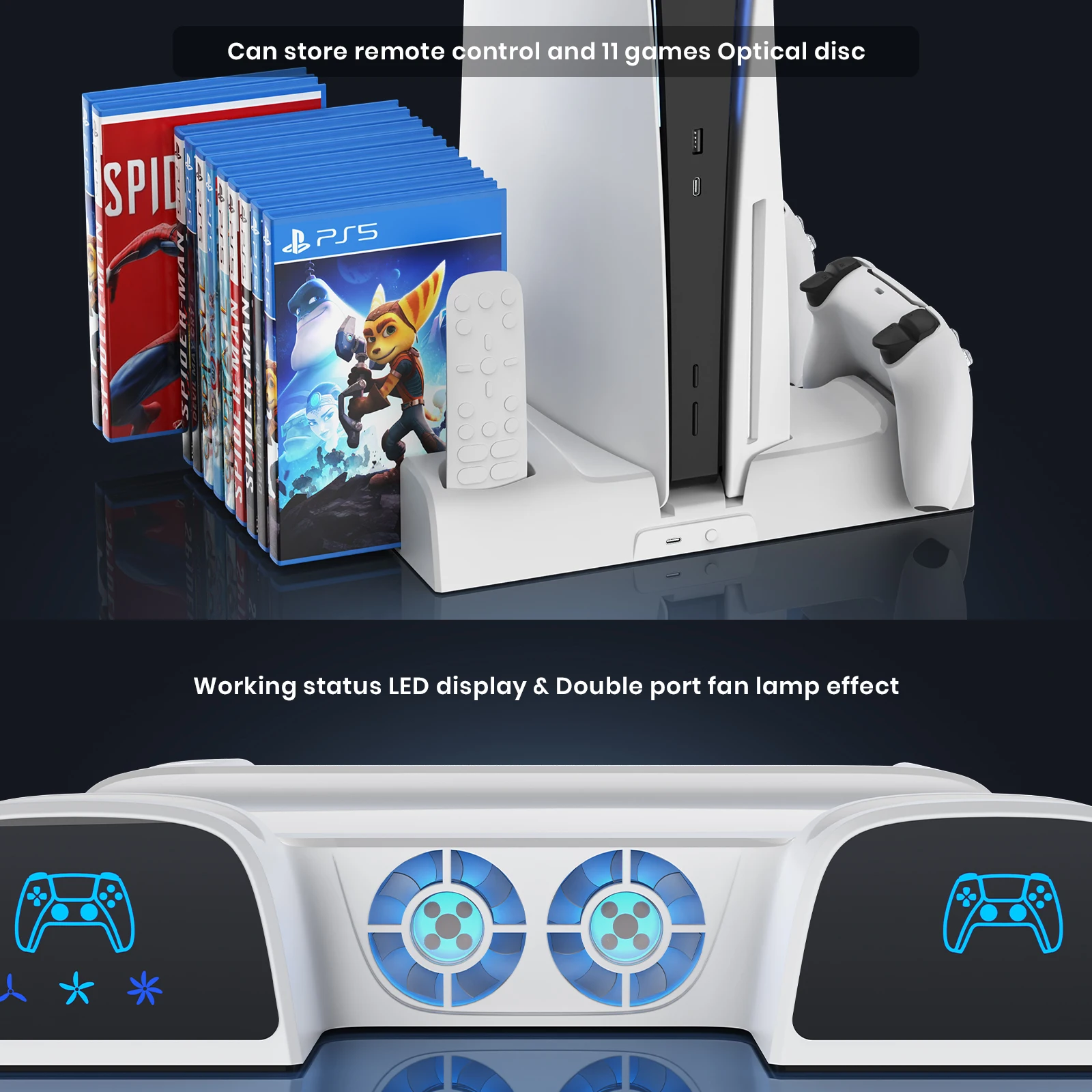 for PS5 With 3 Levels Cooling Fan for PS5/PS5 Slim/PS5 Pro Stand with Headphone Hook Cooling Stand & Controller Charging Station - imagen 5