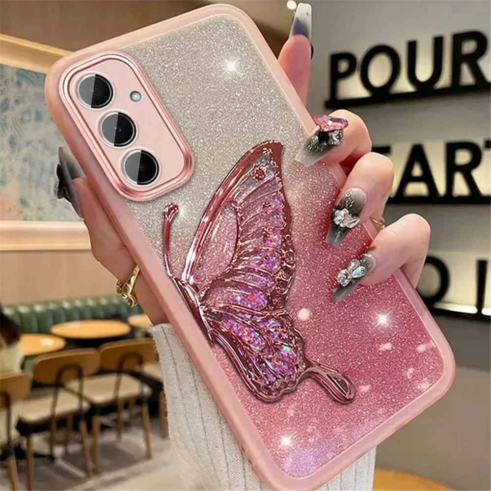 Funda de teléfono con purpurina y mariposa de arena movediza para Xiaomi Poco X7 X6 F7 M7 Pro M6 F6 X5 X3 NFC POCO C65 C75 soporte funda de silicona suave