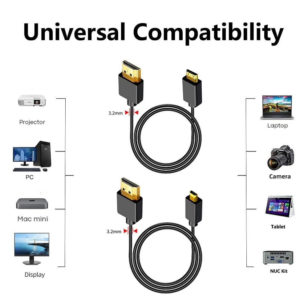 Cable HD 4K @ 60Hz, 18Gbps, Mini/Micro HDMI, compatible con HDMI, Cable ultrafino OD3.2mm para cámara, tableta, Monitor de portátil - imagen 4