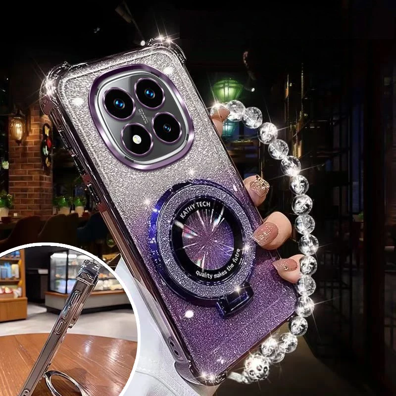 Funda con soporte magnético brillante para Xiaomi Redmi Note 14 15 Pro Plus 15 15C 14C 14S 4G 5G, funda de silicona con pulsera de cristal - imagen 3