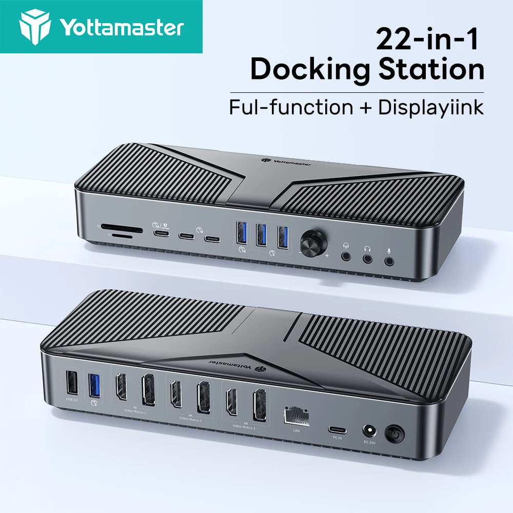 Yottamaster 22 en 1 Estación de acoplamiento 8K @ 30H HDMI VGA PD Ethernet RJ45 USB C 10Gbps Hub Adaptador multipuerto Compatible para computadoras portátiles
