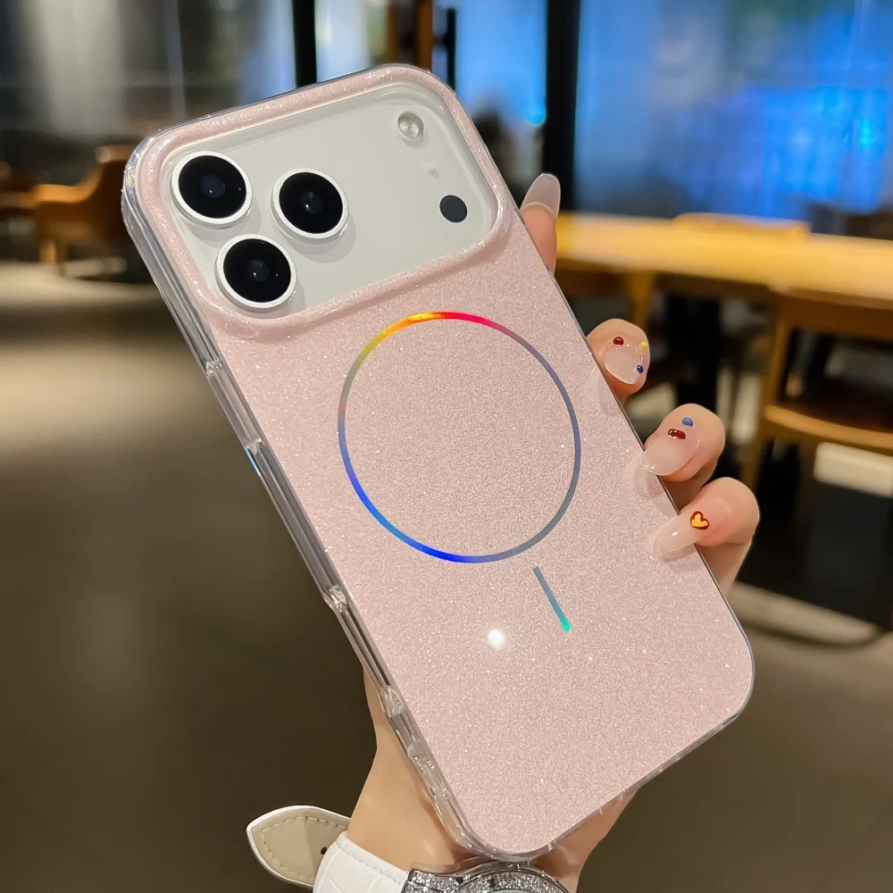 Funda de teléfono Magsafe con purpurina láser de lujo para iPhone 17 Air 16 15 14 Plus 13 Pro Max, cubierta de cristal brillante a prueba de golpes - imagen 2
