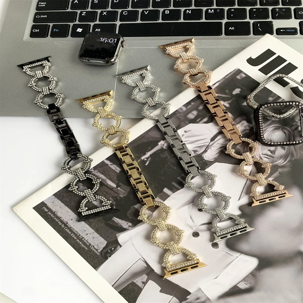 Correa de acero inoxidable con círculos de diamante para Apple Watch, banda de 44/45/49mm, 40/41mm para Apple Watch Series Ultra2 Se 9/8/7/6/5/4/3, 1 unidad 2/1