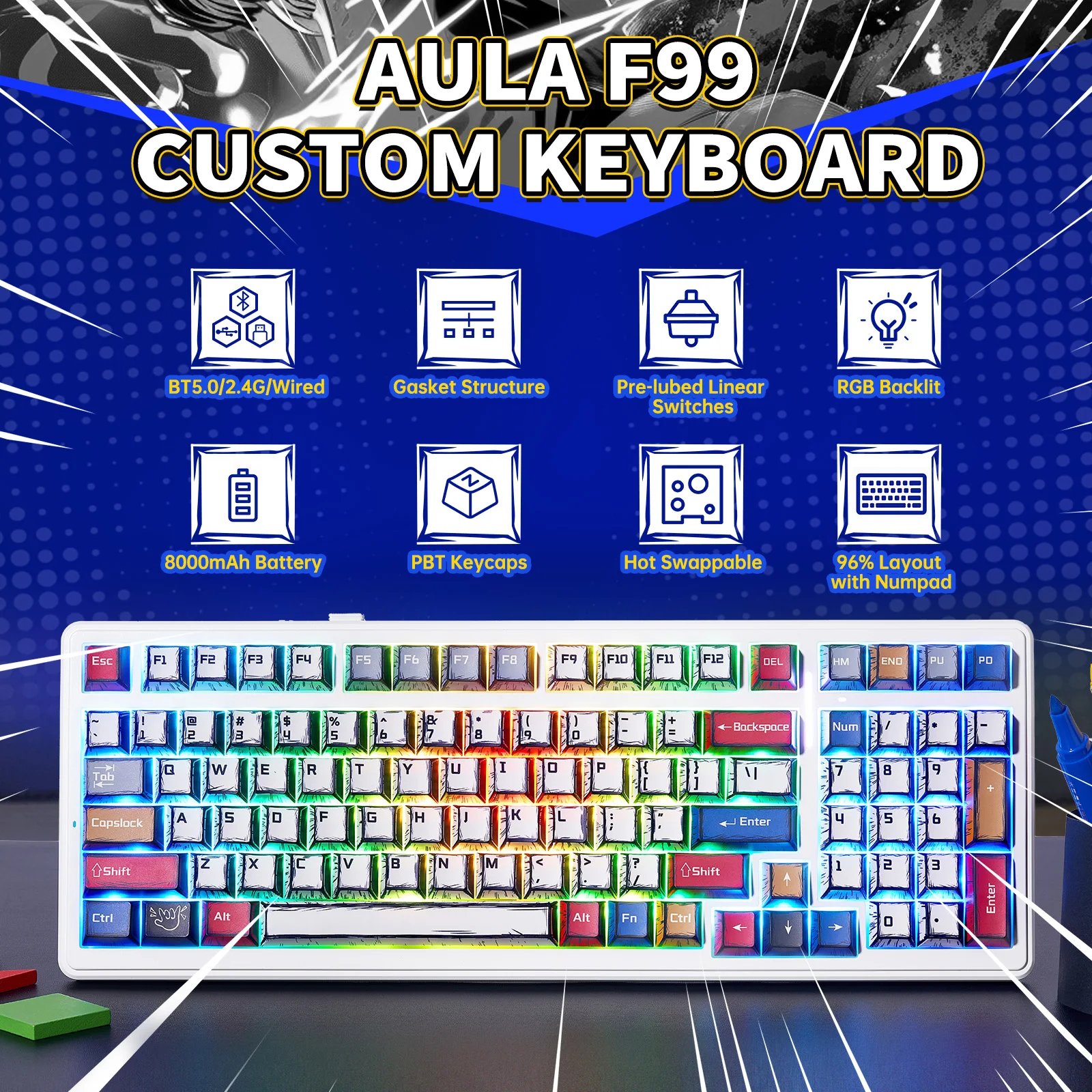 Nuevo Teclado mecánico para juegos AULA F75/F99 Pro, teclas de cómic PBT, retroiluminación RGB, enchufe caliente, teclado personalizado para oficina - imagen 2